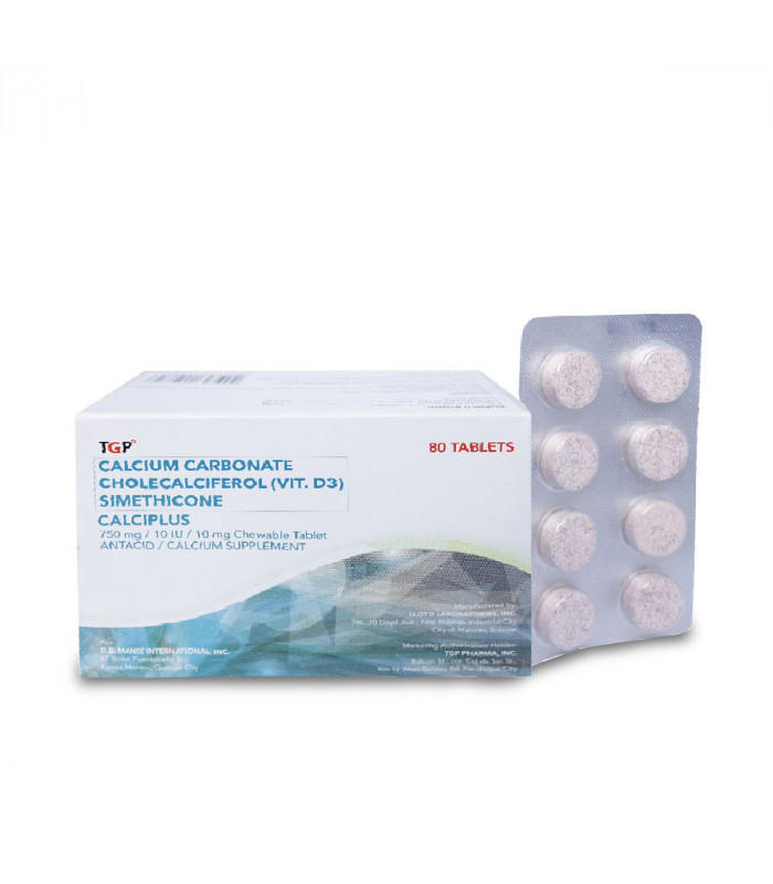 CALCIPLUS Calcium Carbonate+Vitamin D3+Simethicone 750mg/10IU/10mg Chewable Tablet