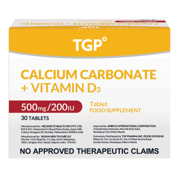 TGP Calcium Carbonate + Vitamin D3 500MG/200 IU Tablet 10s