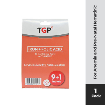 [BUY 9+1] TGP Iron + Folic Tab 60mg/250mcg for anemia and...