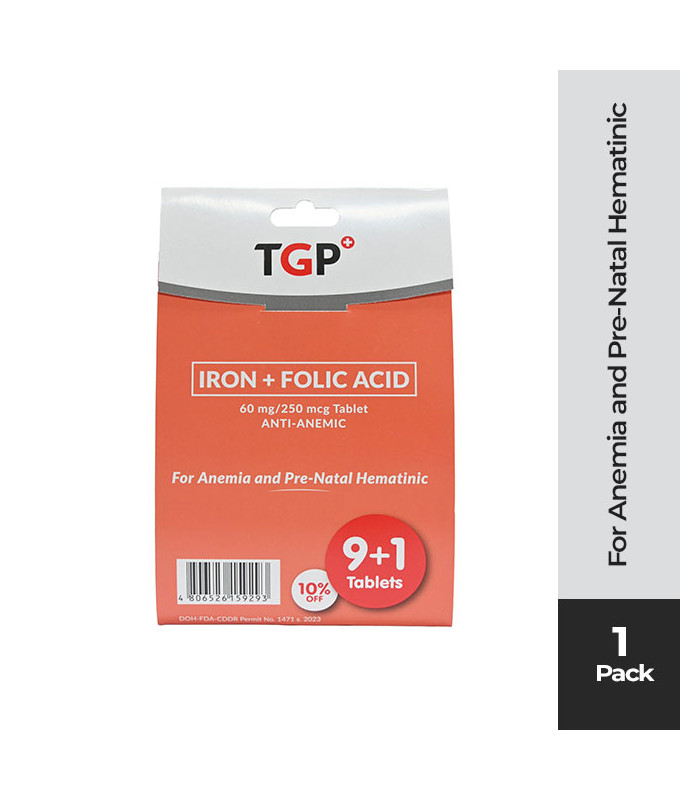 9+1 TGP Iron + Folic Tab 60mg/250mcg for anemia and pre-natal hematinic